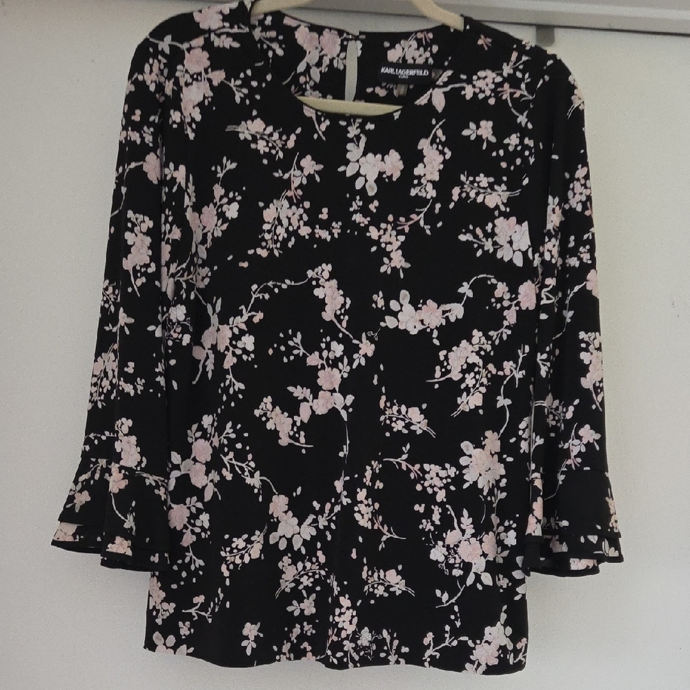 Karl Lagerfeld Black and Pink Floral Blouse